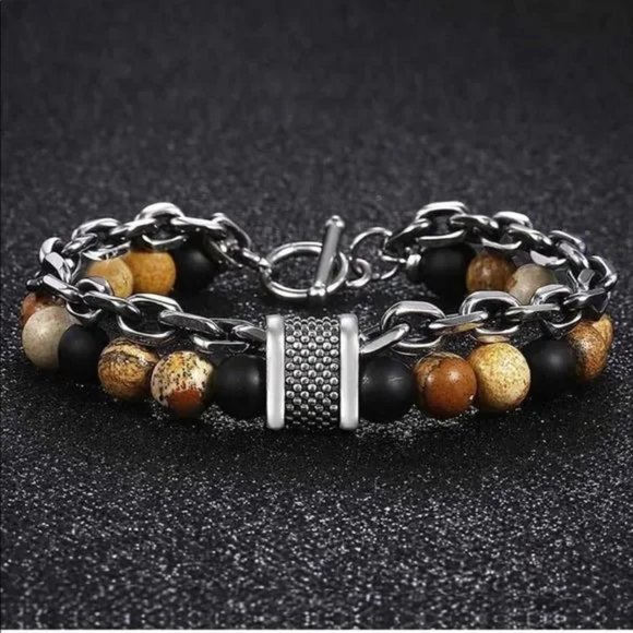 New Men’s Natural Stone Chain Link Bracelet - Picture 2 of 5